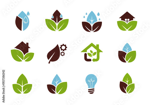 Vector flat design illustration of eco-friendly icons featuring leaves, water droplets, and light bulbs on a white background.