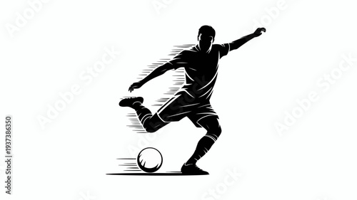 A dynamic silhouette depicts a soccer player in motion kicking a ball with intense energy and focused determination high quality professional detailed modern elegant stylish clean