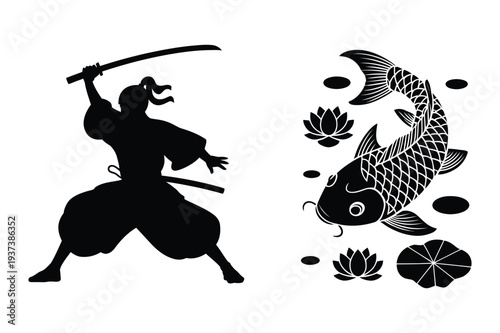 Samurai Warrior and Koi Fish Vector