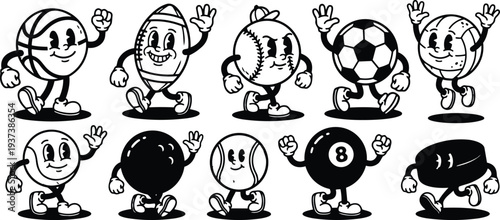 Retro rubber hose cartoon mascot sports balls marching and waving close up set vector flat playful vintage smiling inked outline