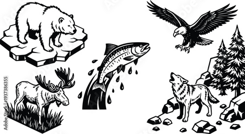 Woodcut style close up wildlife composition with bear on ice salmon jumping eagle swooping moose grazing wolf howling mountain pines