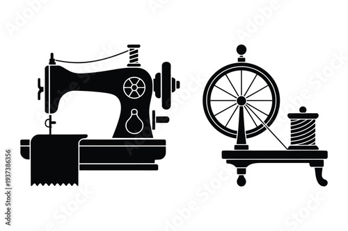 Vintage Sewing Machine and Spinning Wheel