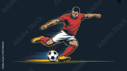 A dynamic illustration depicts a soccer player in mid kick powerfully striking a black and white ball with focused determination and athletic grace high quality professional