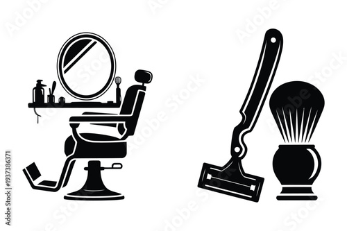 Barber Chair, Razor, and Shaving Brush