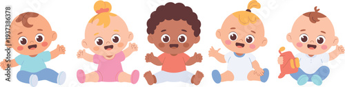 Collection of diverse happy babies sitting together in flat vector style for nursery decor childcare parenting and early childhood education