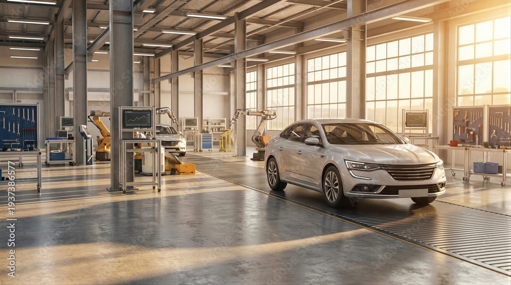 Obraz premium Silver car on an assembly line with robotic arms in an automotive factory. Industrial production of automobile, car tuning, auto shop concept.