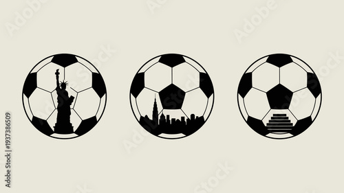 Three soccer balls are depicted each containing a silhouette of a famous landmark the statue of liberty and city skylines high quality professional detailed modern elegant