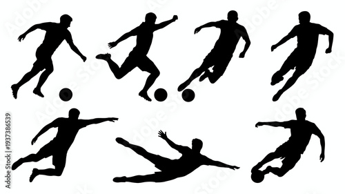 A collection of black silhouettes depict various dynamic soccer actions including kicking running and diving poses with a ball high quality professional detailed modern elegant stylish