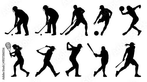 A collection of black silhouettes depicts various athletes engaged in different sports activities showcasing movement and dynamic poses high quality professional detailed modern elegant stylish clean