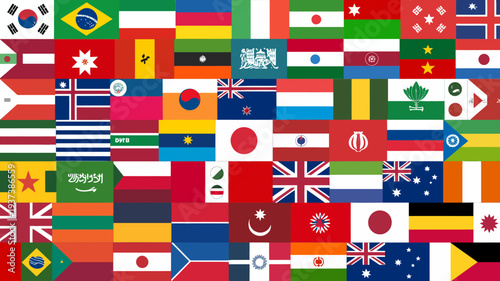 A vibrant collage displays numerous national flags from around the world representing diverse cultures and sovereign nations in a colorful pattern high quality professional detailed modern