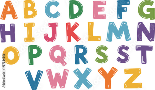 Colorful hand drawn alphabet letters set, playful cartoon ABC typography collection for kids education isolated on white background vector illustration