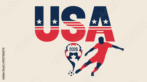 A graphic displays usa in bold lettering incorporating stars and a soccer player silhouette promoting the 2026 world cup event high quality professional detailed modern elegant
