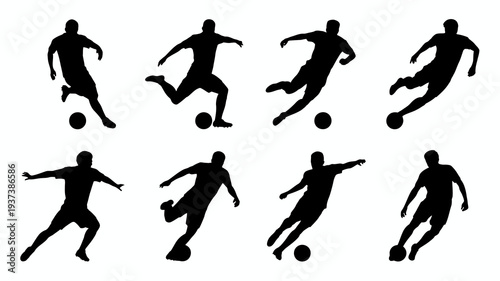 A collection of black silhouettes depicts soccer players in dynamic action poses illustrating movement and athleticism during a game high quality professional detailed modern elegant stylish