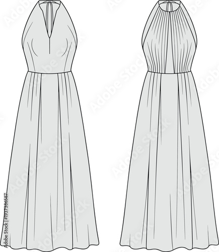 Flat sketch of elegant halter evening gown with pleated bodice, long flowing skirt, front and back dress technical fashion drawing