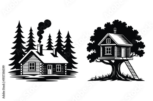 Log Cabin and Treehouse in Forest Vector Art