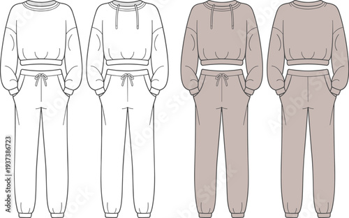Flat sketch cropped sweatshirt and jogger pants front and back view, fashion technical drawing set, loungewear outfit vector illustration