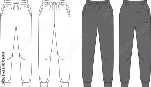 Fashion vector illustration of jogger pants front and back view, with drawstring waist, ribbed hem, casual style, technical sketch