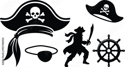 Flat design pirate silhouette set with skull hat eyepatch cutlass captain figure ship wheel nautical icons bandana black vector collection