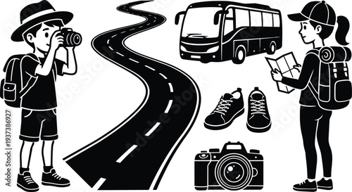 Flat design travelers with camera and map looking at route near winding road with bus hiking boots backpack illustration vector