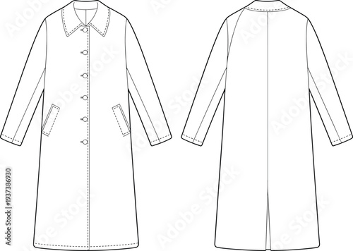 Flat fashion sketch of women's long overcoat, front and back view, detailed line drawing, outerwear technical design illustration.
