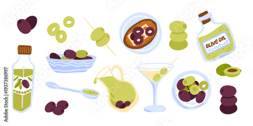 Olive products. Oil and pitted berries in plate, glass bottle, extra virgin, coctail, healthy cooking ingredients. Vector flat illustration. Cute design elements isolated on white background.