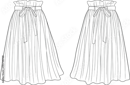 Fashion technical sketch of pleated maxi skirt with paper bag waist and tie belt, front and back vector design template