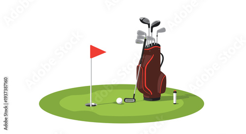 A golf putting green with a red flag, a white golf ball, a putter, and a brown golf bag filled with clubs is depicted.