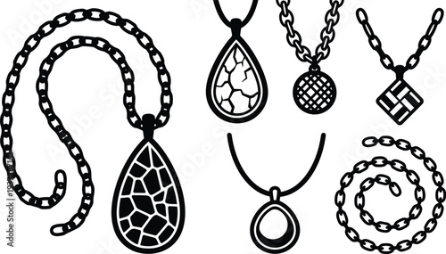 Line art pendant necklace icons showing seven unique chain and teardrop pendant designs close up flat vector illustration minimal black