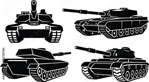 Silhouette vector stencil tanks set four views front three quarter and side with prominent cannon barrel and heavy tracked treads