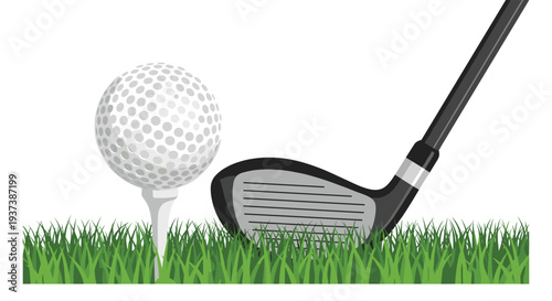 A dimpled white golf ball is placed on a tee in green grass with a dark gray golf club positioned behind it on a white background.