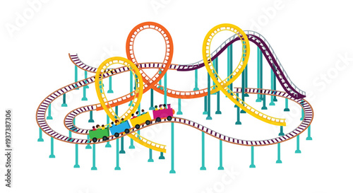 A vibrant roller coaster with orange, yellow, and purple tracks and colorful passenger cars twists and loops on a white background.