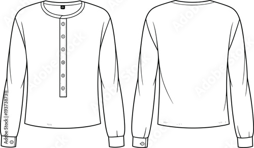 Flat sketch of men’s long sleeve button placket henley shirt, front and back view, fashion illustration for apparel design