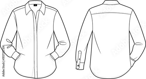 Flat sketch of men’s long sleeve button-down shirt, front and back view, technical drawing for fashion design and apparel industry