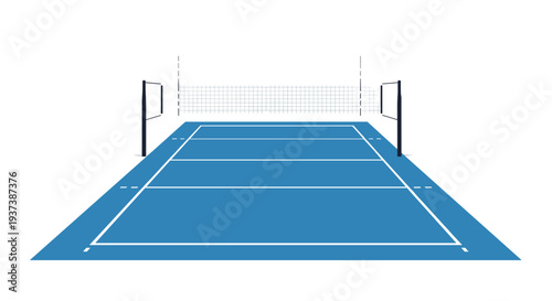 A blue volleyball court with white boundary lines and a net is shown from an elevated perspective on a clean white background.