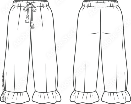 Flat sketch of women’s frill hem pants with drawstring waist, front and back view, fashion technical vector illustration template