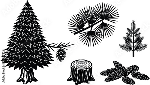 Silhouette vector close up of fir tree branch with cone trunk stump and pine needle cluster in black and white