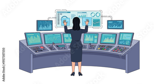 A woman in a business suit stands with her back to the viewer, interacting with a large, curved control panel displaying data on multiple screens.
