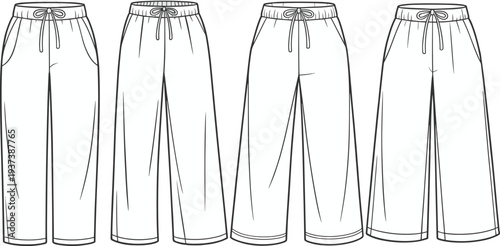 Flat sketch of wide leg lounge pants with drawstring waist, technical fashion illustration front and back view, comfortable casual design flat vector illustration