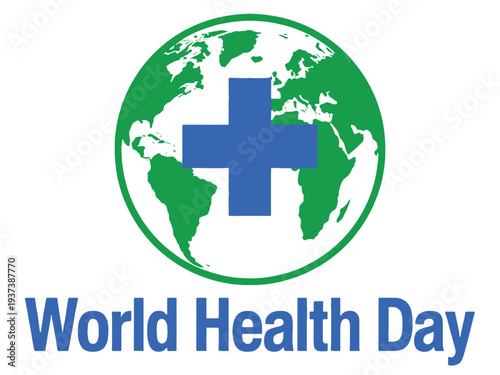 World Health Day logo with blue cross on green globe and text