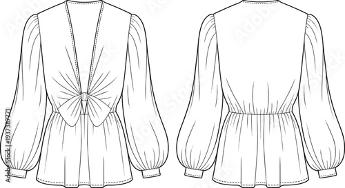 Fashion top with puff sleeves, deep V-neck blouse, technical flat sketch, trendy women’s clothing design, vector apparel illustration flat vector illustration
