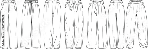Flat fashion sketch collection of women’s wide leg pants with belts, pleats, pockets, and waistband variations, technical apparel illustration flat vector illustration