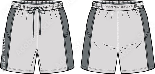 Flat sketch of performance athletic shorts with drawstring waist, side panels, front and back view, technical activewear design illustration flat vector illustration