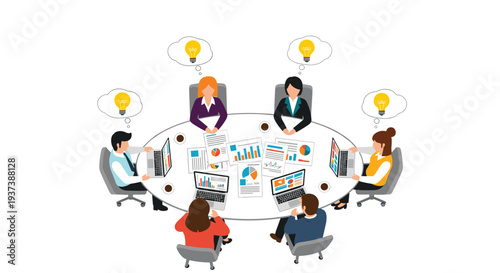 Six business professionals are actively collaborating around an oval conference table, surrounded by laptops and documents, with idea lightbulbs overhead.