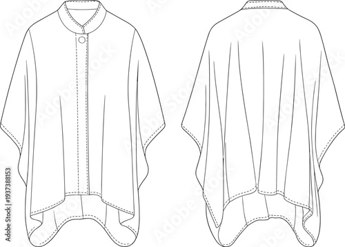 Flat sketch front and back cape coat design with high neck and curved hem, fashion technical drawing vector illustration flat vector illustration