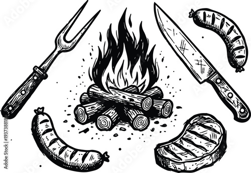 Tattoo flash hand drawn campfire scene with sausages steak knife and fork close up rustic smoky engraving style charred wood