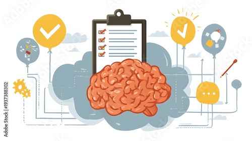Brain with checklist and ideas, mental health concept.