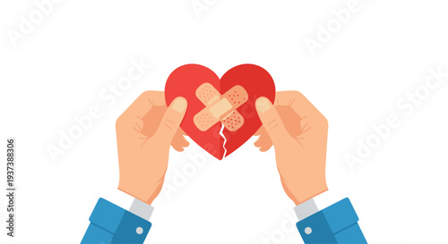 Two human hands with blue shirt cuffs are holding a single broken red heart that has been mended with two beige band-aids on a plain white background.