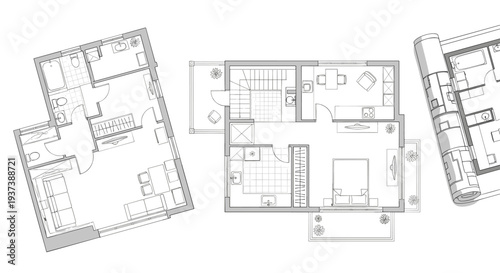 The image displays three detailed black-and-white architectural floor plans on a clean white background, with one plan partially rolled up.