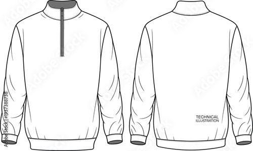 Flat fashion technical sketch of quarter zip sweatshirt, front and back view, vector illustration, activewear design, unisex pullover, apparel mockup, outline flat vector illustration