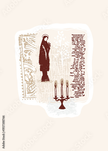 Hand drawn collage style christian saint prayer candle greetings card. Faith design . Isolated flat vertical vector catholic sticker ready to print. Religious poster, church motif, devotion postcard 